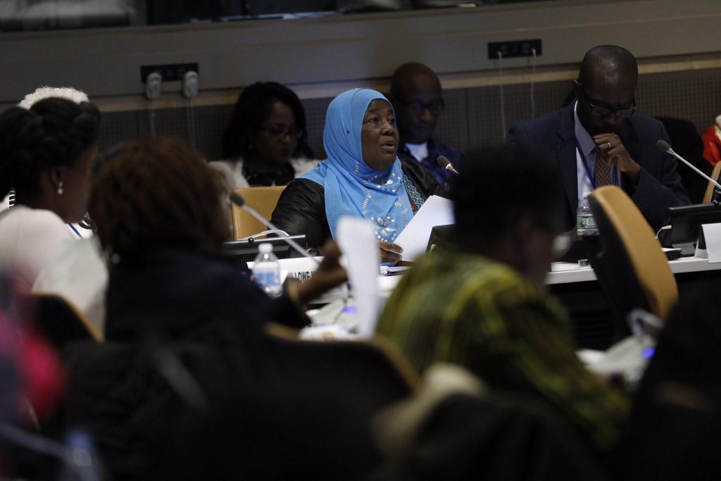 Hon. Janat Mukwaya speaking at the 62nd CSW conference. Right is Mr. Pius Bigirimana the Permanent Secretary, Ministry of Gender, Labour and Social Development.